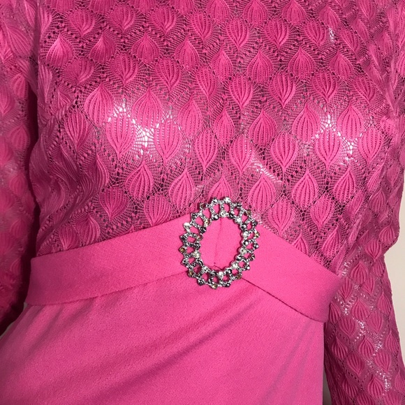 VINTAGE 70s Hot Pink Formal Maxi Dress Lace Crew Neck Long Sleeve Small Medium - Picture 6 of 16